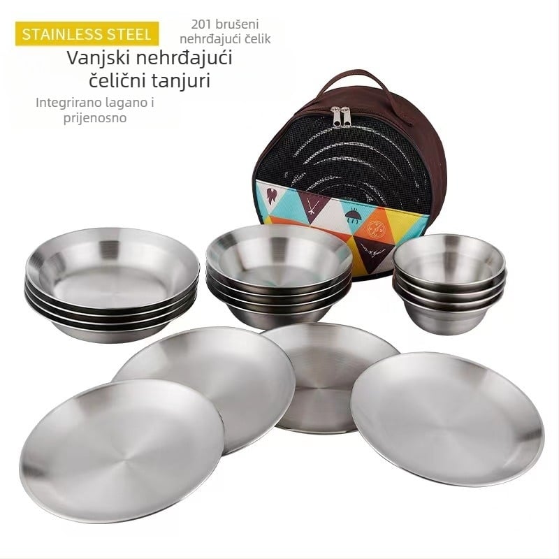 Vanjski set tanjura od nehrđajućeg čelika za večeru, kampiranje, roštilj, pribor za jelo, prijenosni, samovozeći, tanjur za roštilj, posuda za juhu, set posuda za jelo