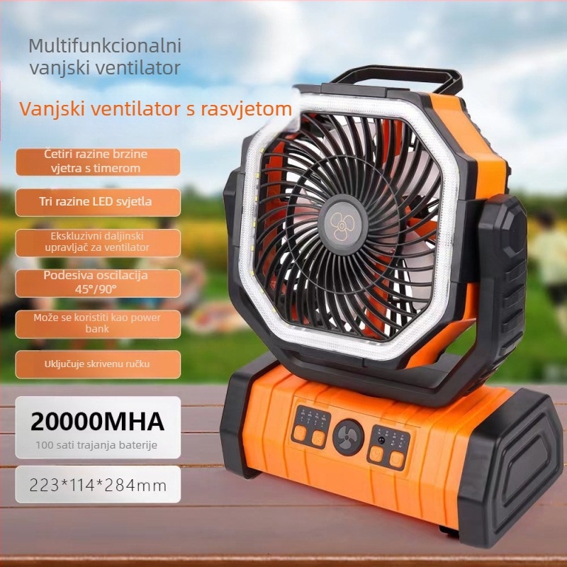 Ventilator za kampiranje, vanjsko svjetlo ventilatora, kućanski ventilator, punjenje mobilnog telefona, LED svjetlo, dvostruka kuka za ventilator za kampiranje F6
