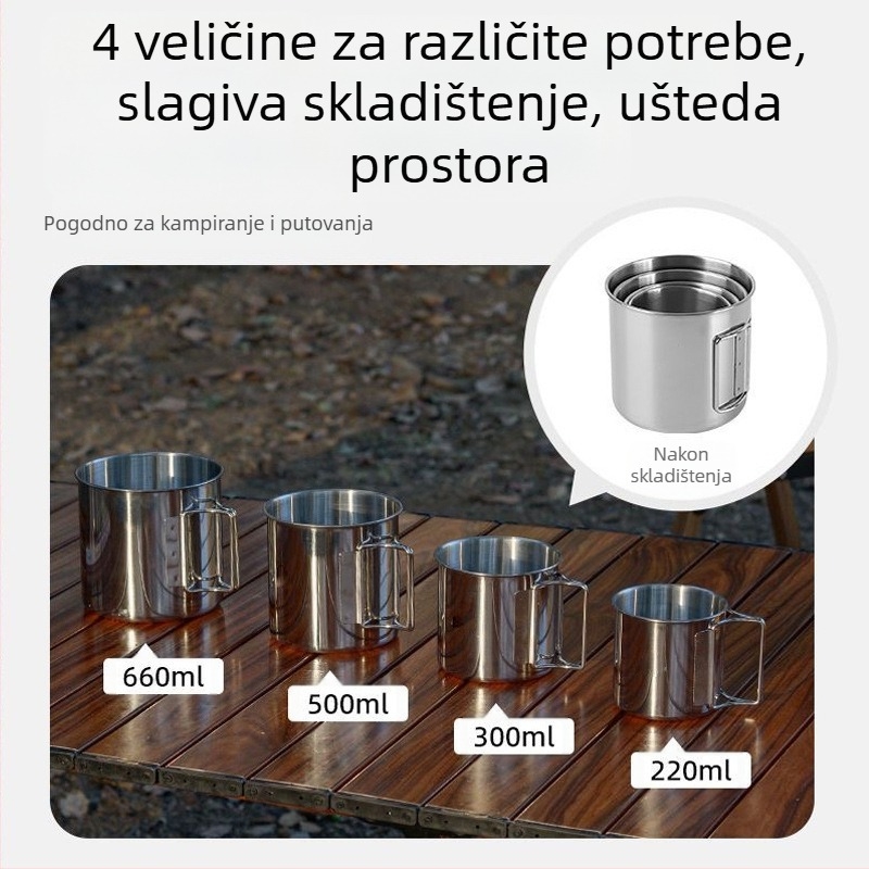 Višenamjenska šalica od nehrđajućeg čelika za kampiranje, prijenosni set šalica za penjanje i kampiranje, višenamjenski pribor za jelo od 4 dijela, šalica za vodu