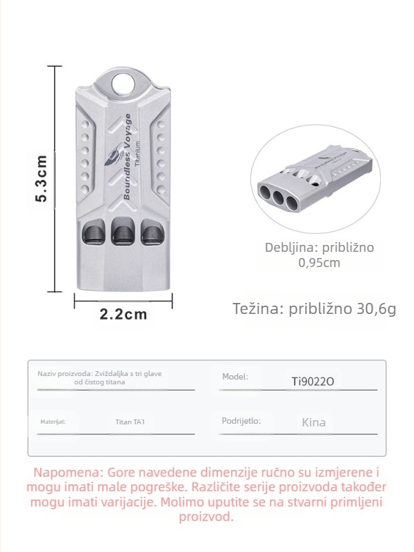 Biwei zviždaljka od čistog titana s tri rupe, vanjska zviždaljka za hitne slučajeve s remenom, prijenosna, ultra lagana, glasna, vodootporna, otporna na koroziju