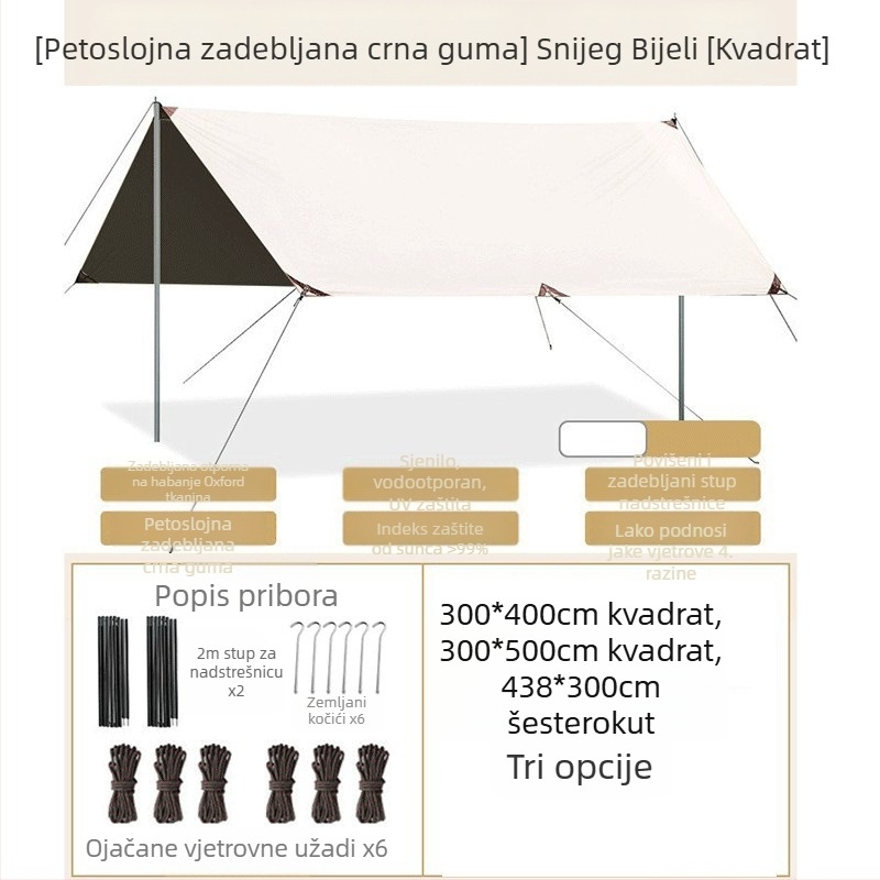 Osmerokutna crna gumena nadstrešnica za kampiranje na otvorenom, predimenzionirana, od oxfordske tkanine, UV otporna, crna gumena nadstrešnica