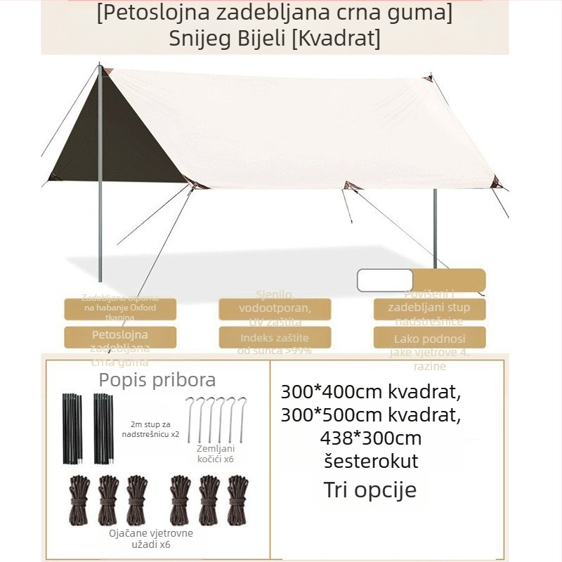 Osmerokutna crna gumena nadstrešnica za kampiranje na otvorenom, predimenzionirana, od oxfordske tkanine, UV otporna, crna gumena nadstrešnica