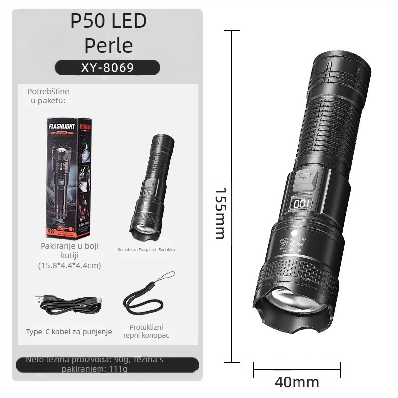 Prekogranični vanjski patrolni reflektor dugog dometa, jaka svjetiljka, prijenosna, punjač, mala teleskopska, veleprodajni reflektor P50