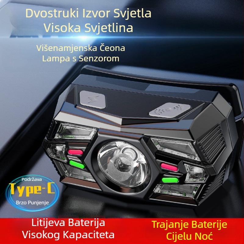 Prekogranična inteligentna indukcijska mala prednja svjetiljka, višenamjenska, višenamjenska, punjač za vanjsku svjetiljku, montiranu na glavu, noćnu ribolovnu svjetiljku na veliko
