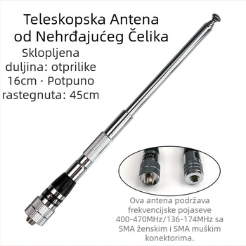 Univerzalna antena za voki-toki s pojačanjem, pogodna za Xiaomi Baofeng ručni teleskopski sklopivi uređaj od nehrđajućeg čelika s poboljšanim signalom