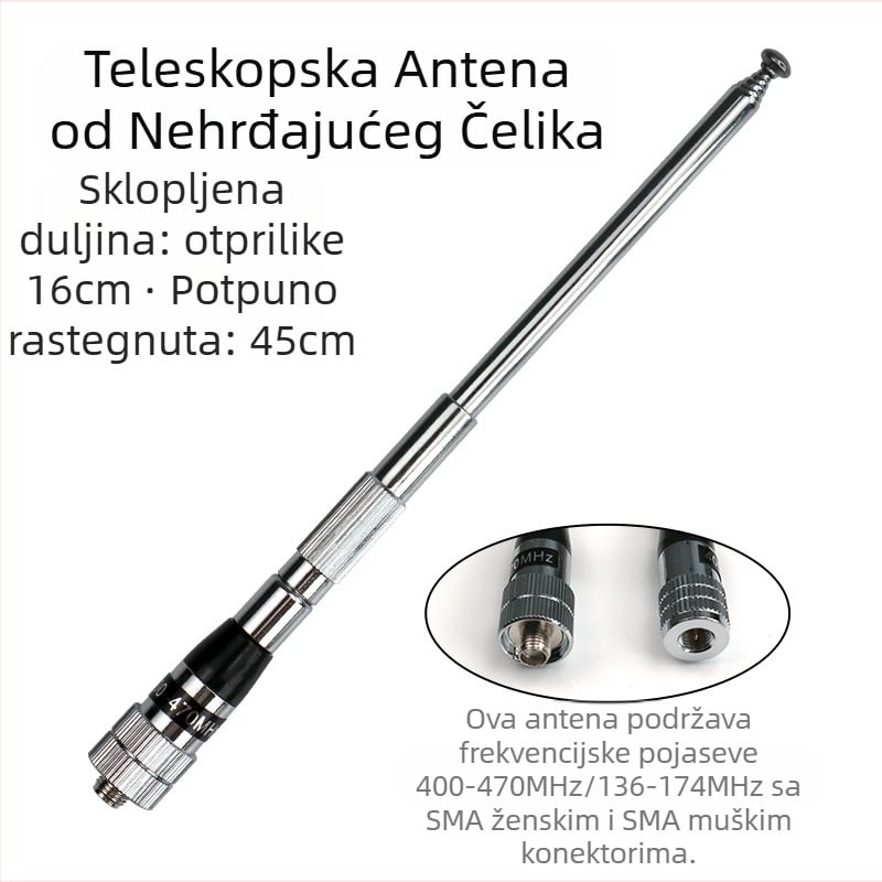 Univerzalna antena za voki-toki s pojačanjem, pogodna za Xiaomi Baofeng ručni teleskopski sklopivi uređaj od nehrđajućeg čelika s poboljšanim signalom