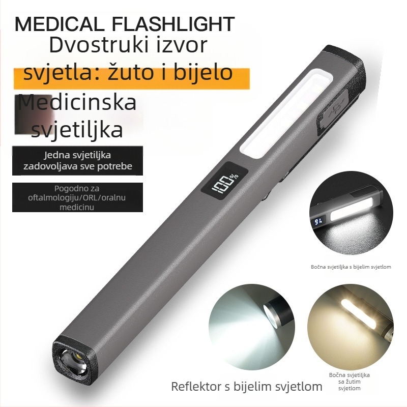 Nova prekogranična mini punjiva medicinska svjetiljka u obliku olovke s tri izvora svjetla, LED jakom svjetlošću, svjetiljkom za zjenice