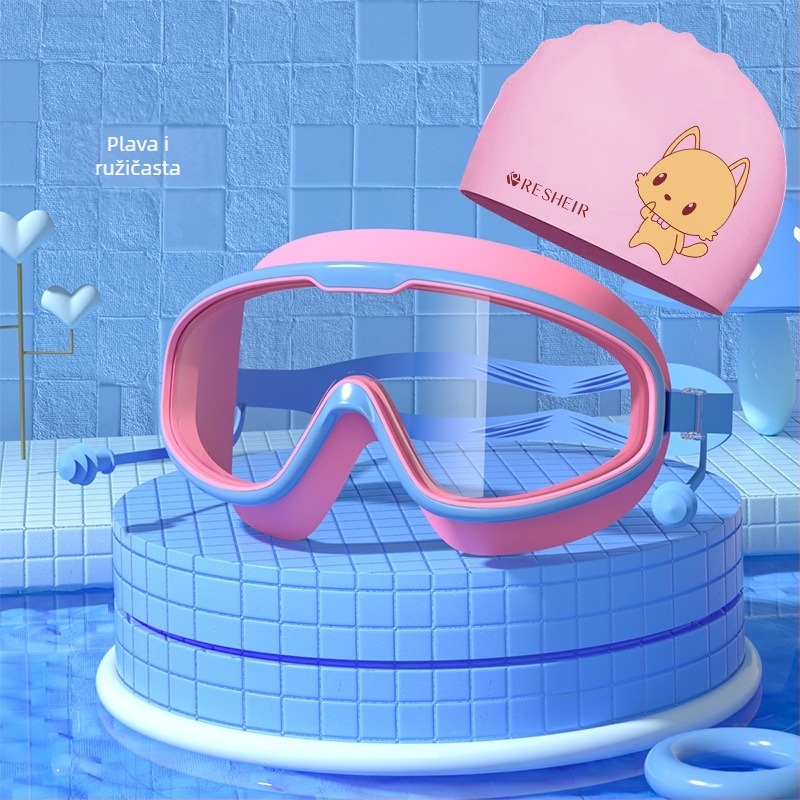 Dječje naočale za plivanje HD vodootporne, protiv zamagljivanja, naočale za plivanje s velikim okvirom, profesionalne zaštite za ronilačke oči, modna silikonska kapa za plivanje