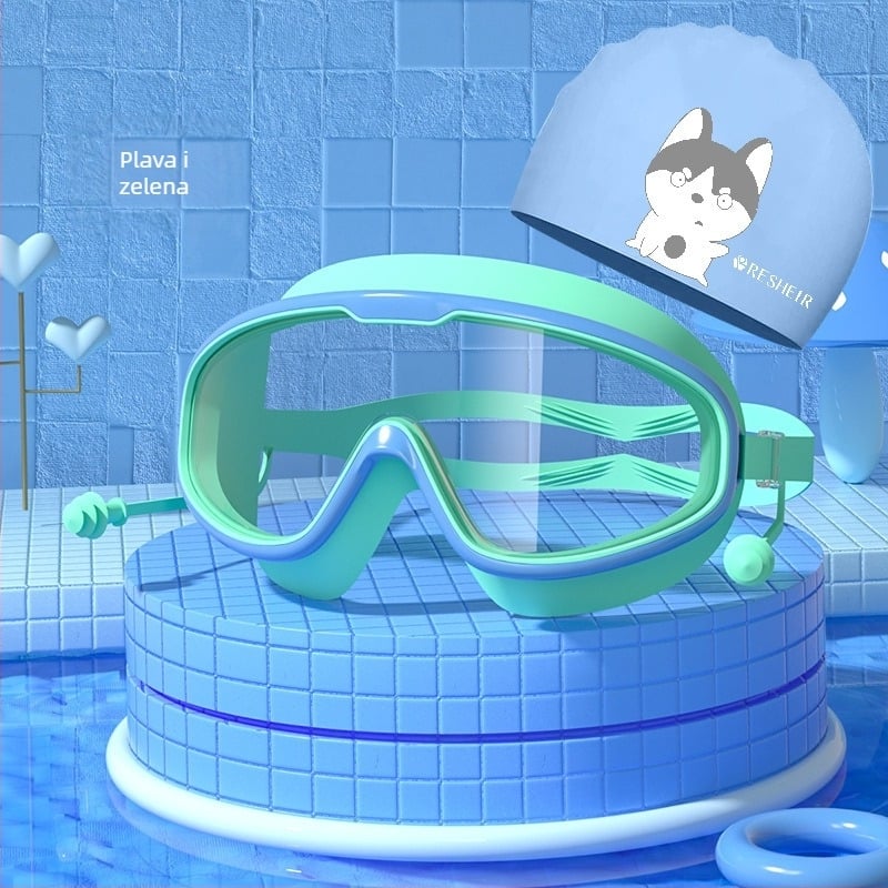 Dječje naočale za plivanje HD vodootporne, protiv zamagljivanja, naočale za plivanje s velikim okvirom, profesionalne zaštite za ronilačke oči, modna silikonska kapa za plivanje