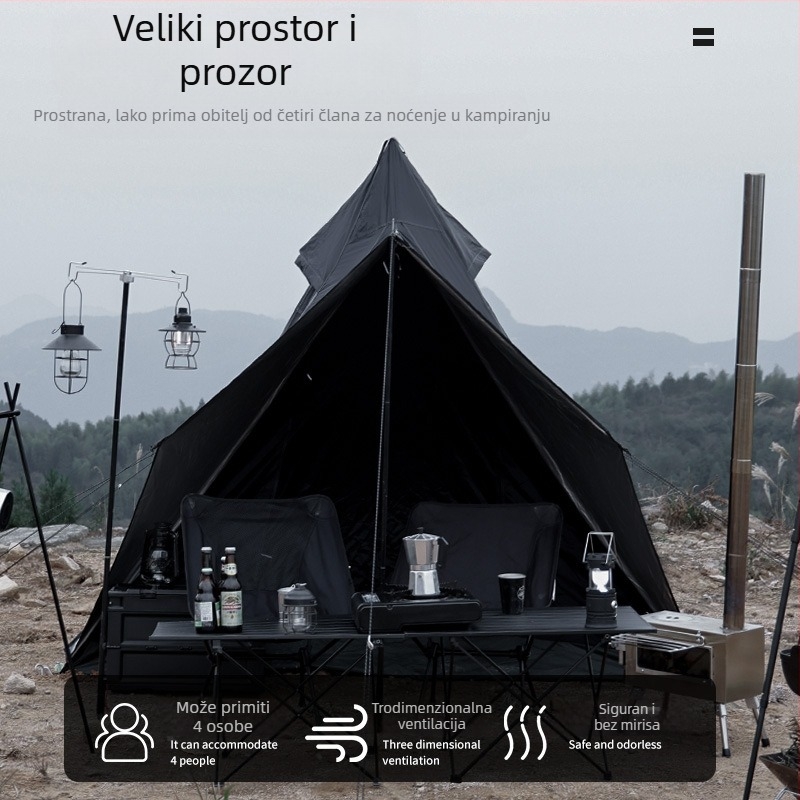Proizvođač veleprodaje vanjskih dvoslojnih unutarnjih i vanjskih šatora tipa Spire Tower, kamperski šator, vodootporni crni ratnički piramidalni šator za više osoba