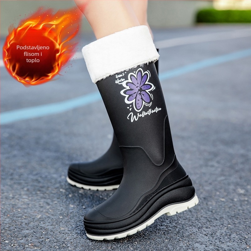 Veleprodaja ženskih čizama za kišu s debelim dnom, dugim cijevima, neklizajućim, vodootpornim, visokim čizmama za kišu s flis podstavom, otpornim na habanje, gumenim cipelama za kuhinju, rad na otvorenom