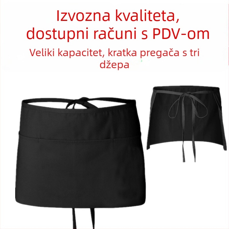 Tvornički gotova pregača do pola duljine, kuhinjska kratka pregača do pola duljine, pregača za konobare s tri džepa i otisnutim logotipom