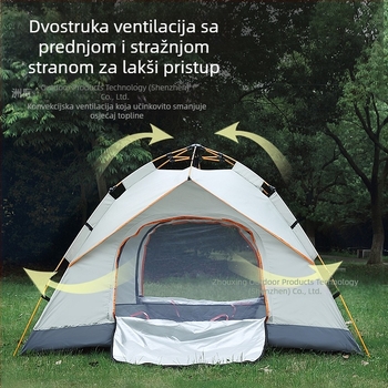 Prijenosni kamperski šator s dvostrukim vratima i ventilacijom, obložen posrebrenim premazom i zaštitom od sunca, bez ugradnje, otporan na vjetar, lagan, brzo se otvara za kampiranje