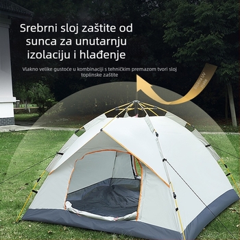 Prijenosni kamperski šator s dvostrukim vratima i ventilacijom, obložen posrebrenim premazom i zaštitom od sunca, bez ugradnje, otporan na vjetar, lagan, brzo se otvara za kampiranje
