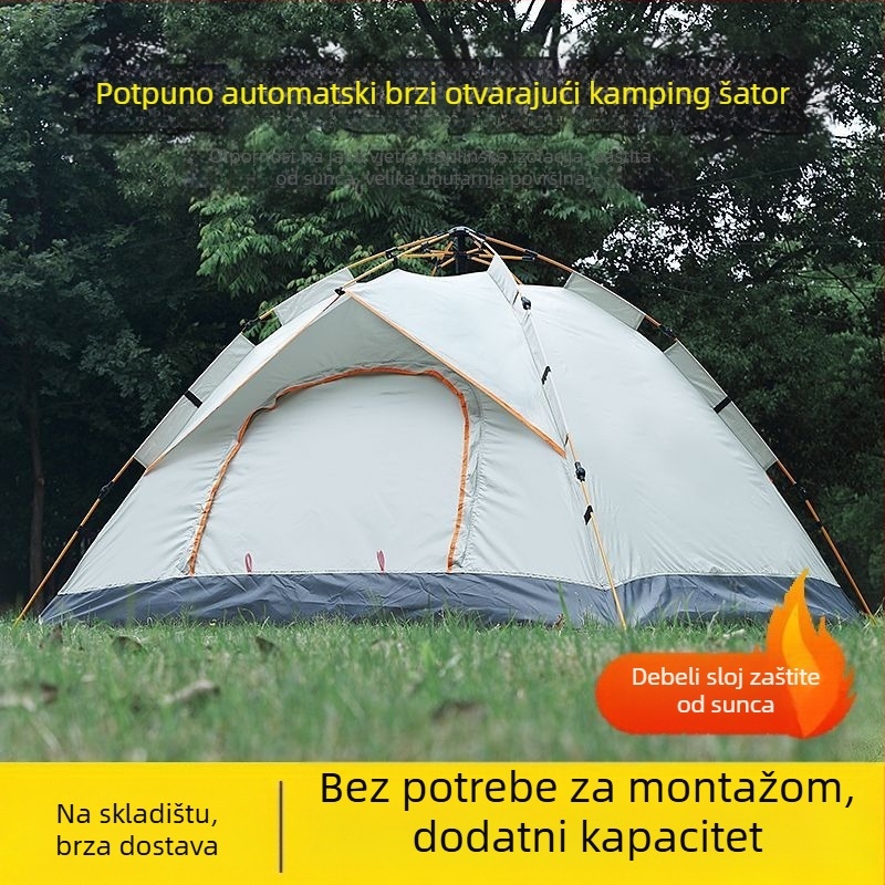 Prijenosni kamperski šator s dvostrukim vratima i ventilacijom, obložen posrebrenim premazom i zaštitom od sunca, bez ugradnje, otporan na vjetar, lagan, brzo se otvara za kampiranje