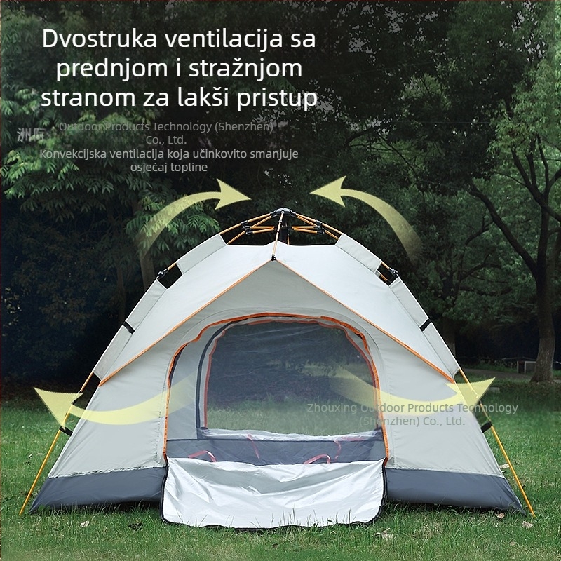 Prijenosni kamperski šator s dvostrukim vratima i ventilacijom, obložen posrebrenim premazom i zaštitom od sunca, bez ugradnje, otporan na vjetar, lagan, brzo se otvara za kampiranje
