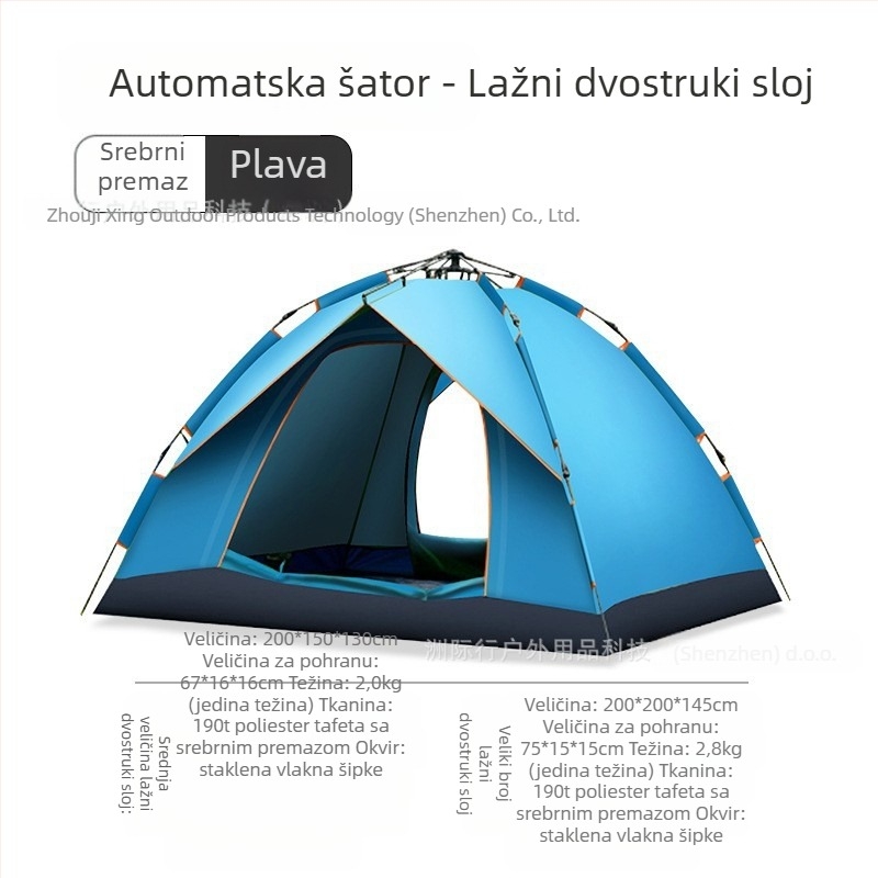 Prijenosni kamperski šator s dvostrukim vratima i ventilacijom, obložen posrebrenim premazom i zaštitom od sunca, bez ugradnje, otporan na vjetar, lagan, brzo se otvara za kampiranje