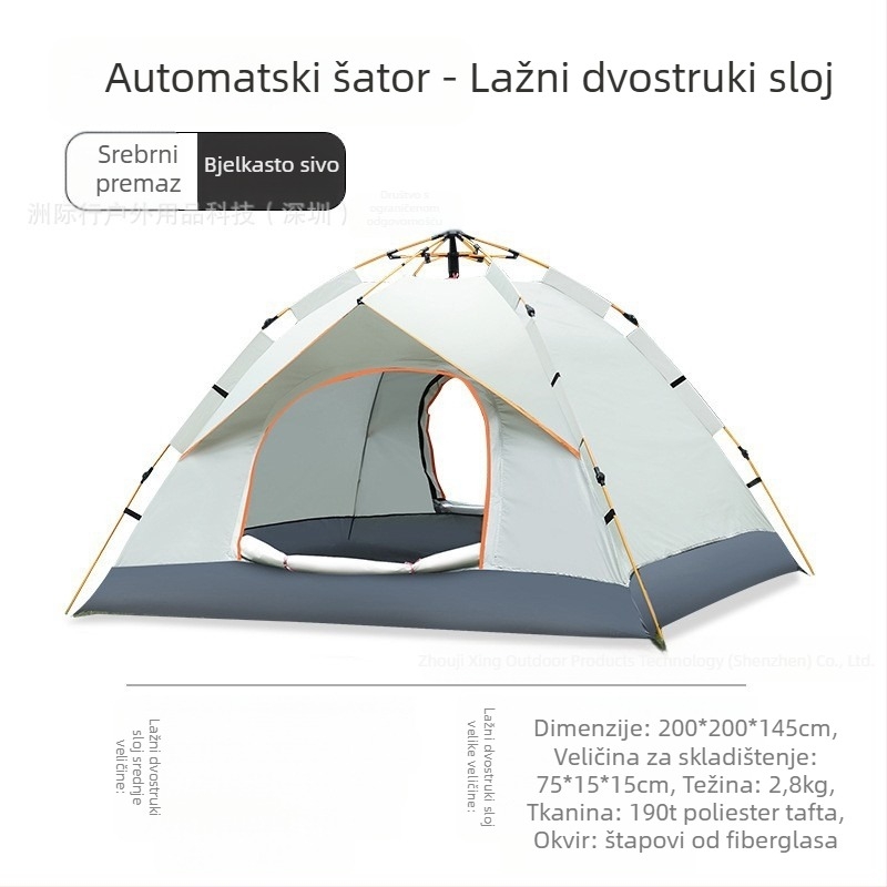 Prijenosni kamperski šator s dvostrukim vratima i ventilacijom, obložen posrebrenim premazom i zaštitom od sunca, bez ugradnje, otporan na vjetar, lagan, brzo se otvara za kampiranje