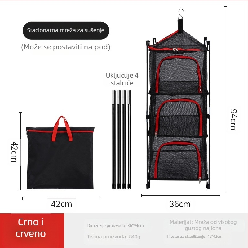 Mreža za ventilaciju i pohranu pribora za jelo na otvorenom za kampiranje, zdjela, mreža za sušenje umivaonika, 4-slojna mreža za pohranu, višenamjenska mreža za sušenje, košara za odjeću