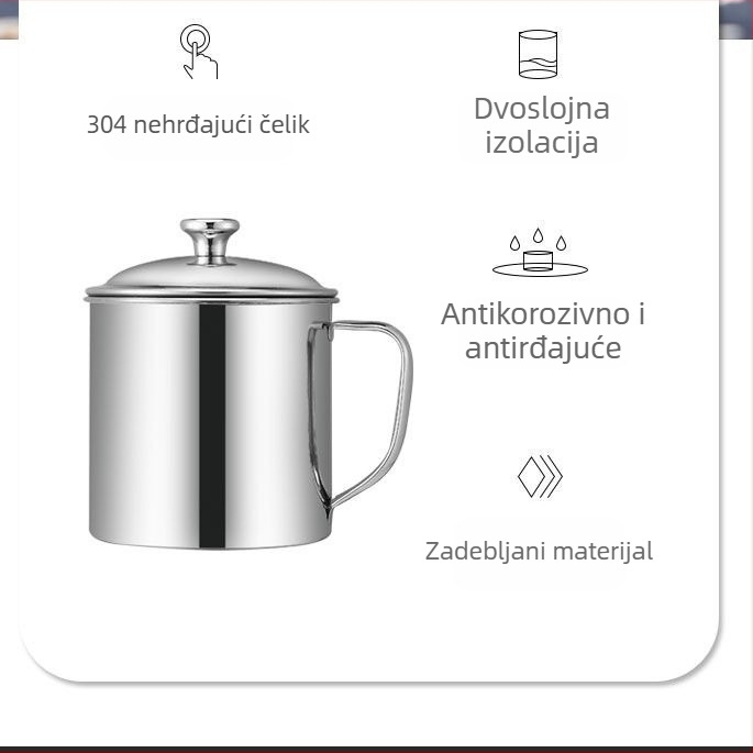 Čaša za vodu od nehrđajućeg čelika 304, za učenike i djecu, za ured, za sobu za šah i karte, za vrtić, kantina s poklopcem, šalica za čaj