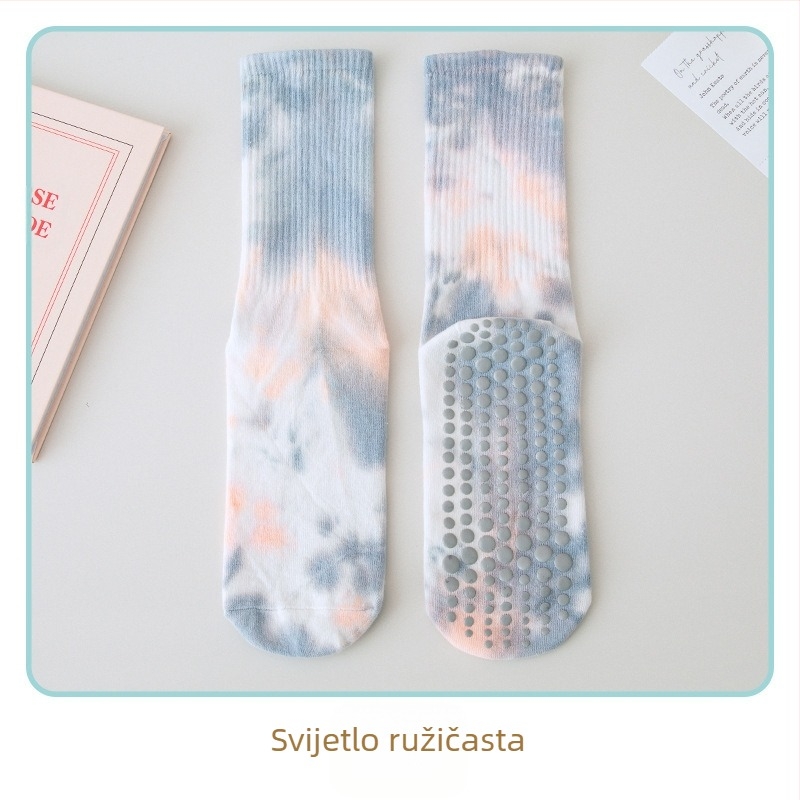 Silikonske neklizajuće joga čarape za žene, tie-dye čarape srednje duljine, češljane pamučne čarape za fitness, pilates sportske visoke čarape