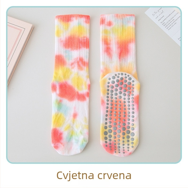 Silikonske neklizajuće joga čarape za žene, tie-dye čarape srednje duljine, češljane pamučne čarape za fitness, pilates sportske visoke čarape