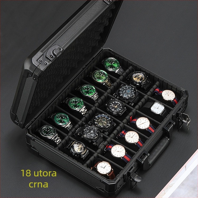 Neprozirna kutija za sat od aluminijske legure, crna kutija za pakiranje s više položaja, kutija za pohranu satova s pomičnom pregradom, može se poslati u ime drugih