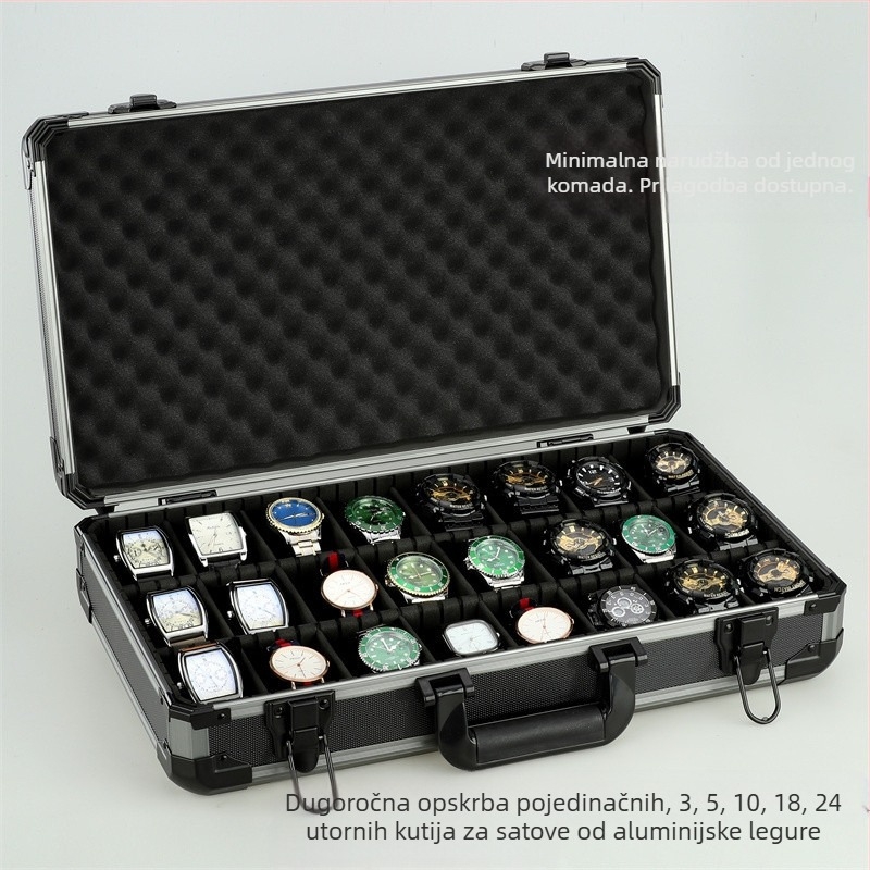 Neprozirna kutija za sat od aluminijske legure, crna kutija za pakiranje s više položaja, kutija za pohranu satova s pomičnom pregradom, može se poslati u ime drugih