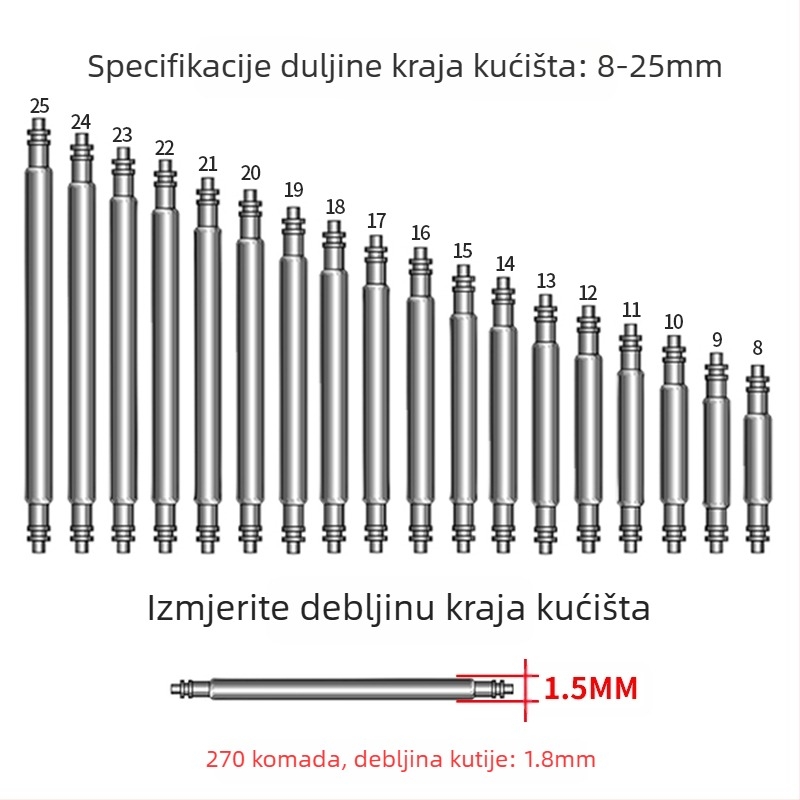 Alati za popravak satova, pribor za satove, osovina za spajanje remena od nehrđajućeg čelika, sirove ušice u kutiji, 360° sirove ušice