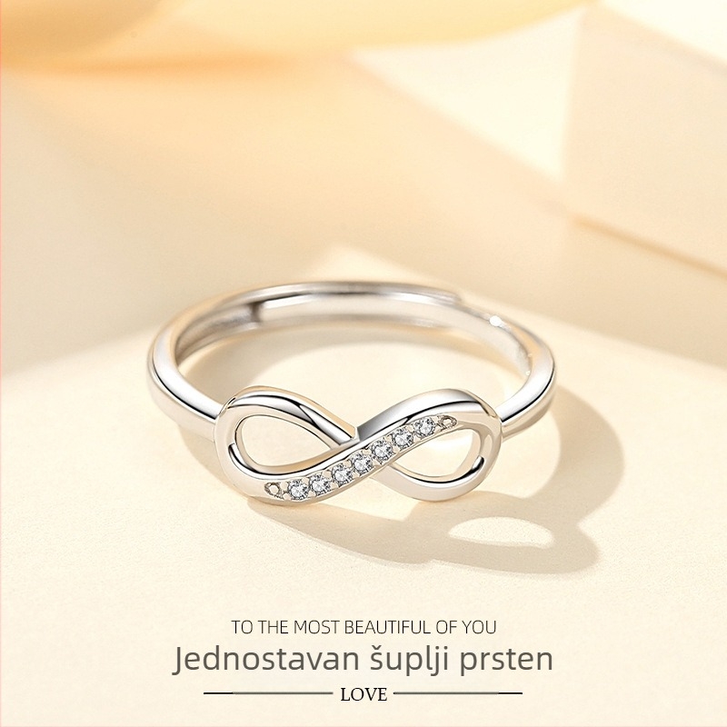 S925 srebrni europski i američki modni prsten za nakit s 8 riječi, prekogranični podesivi prsten s platinastim premazom, modni otvoreni prsten