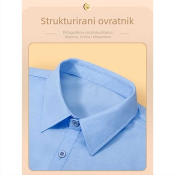 Ženska košulja s dekorativnim lažnim ovratnikom, plava boja, stojeći ovratnik – dodatak za ljeto i jesen