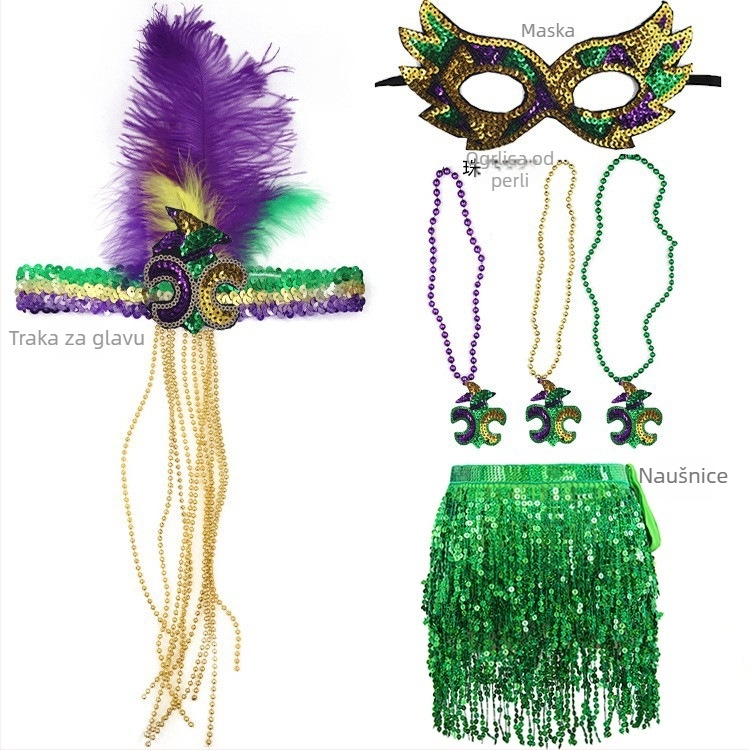 Brazil Karneval: maska za pola lica u zlatnoj, ljubičastoj i zelenoj boji, perjem ukrašena traka za glavu, trobojne perle, gazna suknja i naušnice – set