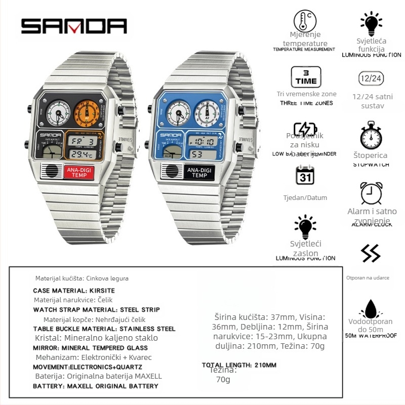 Sanda elektronički sat prekogranični eksplozijski termometrijski kronograf višenamjenski muški sat retro kvadratni vodootporni muški sat