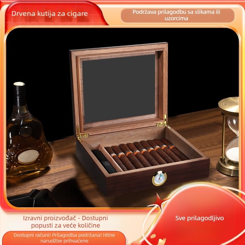 Kutija za cigare od punog drveta s prozirnim poklopcem za pohranu cigara s pregradom, preklopna kutija za cigare, drvena poklon kutija za pakiranje cigara
