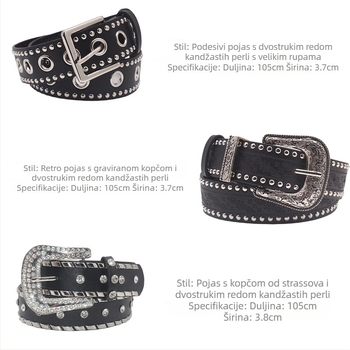 Decentni dvoredni kandžasti perli crni muški i ženski remen ukras u punk stilu za tijelo i slobodno vrijeme, retro legirani remen s kopčom