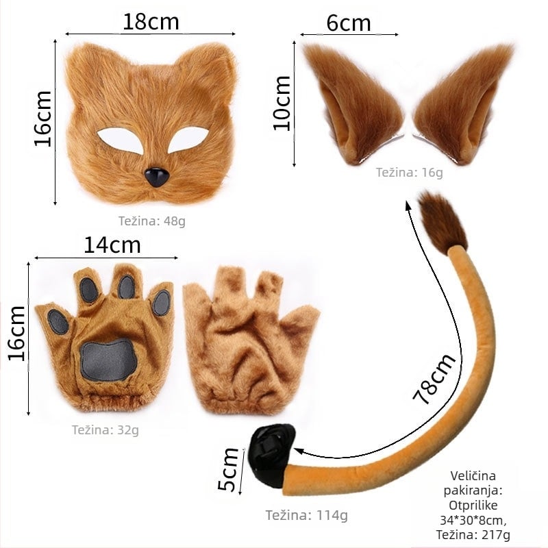 Set zvijerinih ušiju i repova, lavova, krava, žirafa, rakuna, traka za kosu, rep, dodaci za kosu, pokrivala za glavu, ručno rađena kosa