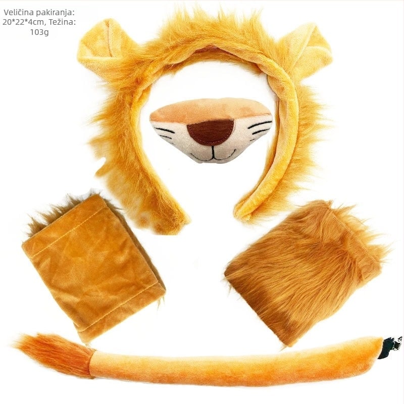 Set zvijerinih ušiju i repova, lavova, krava, žirafa, rakuna, traka za kosu, rep, dodaci za kosu, pokrivala za glavu, ručno rađena kosa