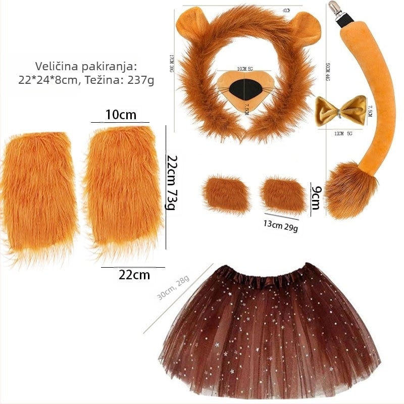 Set zvijerinih ušiju i repova, lavova, krava, žirafa, rakuna, traka za kosu, rep, dodaci za kosu, pokrivala za glavu, ručno rađena kosa