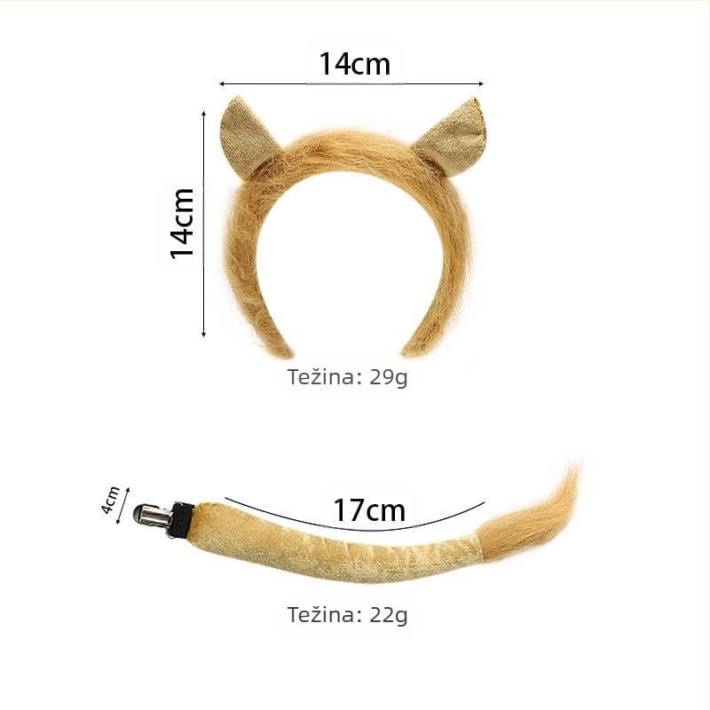 Set zvijerinih ušiju i repova, lavova, krava, žirafa, rakuna, traka za kosu, rep, dodaci za kosu, pokrivala za glavu, ručno rađena kosa