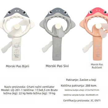 Prekogranični slatki crtani ručni ventilator s motivom morskog psa, prijenosni ručni ventilator, ljetni ručni mini ventilator