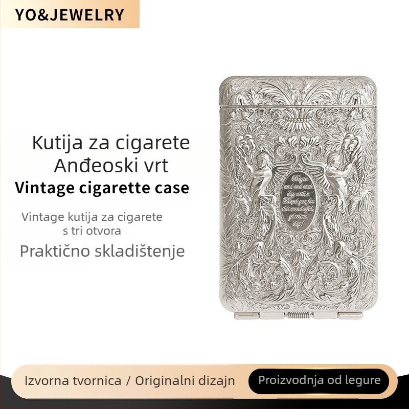 Obrađena retro europska kutija za cigarete s povratkom Angel Garden, antikna kutija za cigarete s tri otvora, antikna srebrna muška kutija za pohranu cigareta