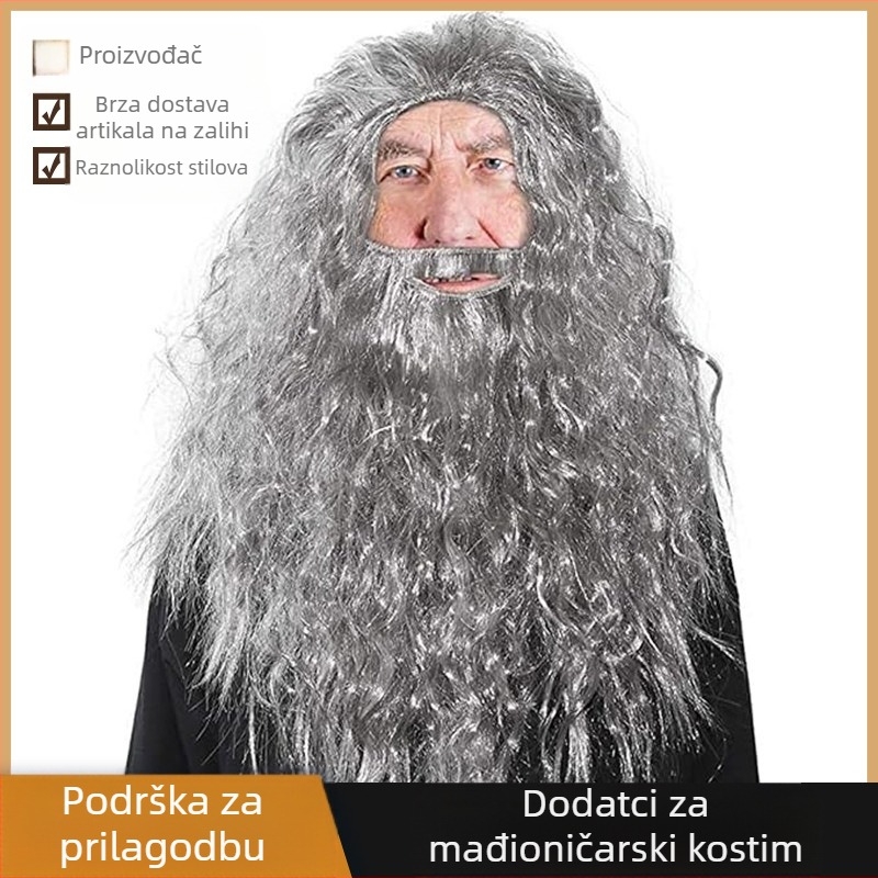 Siva čarobnjačka brada i perika, dodaci za kostim čarobnjaka, zabava za Noć vještica, dodaci za kostim za odrasle za Dan očeva