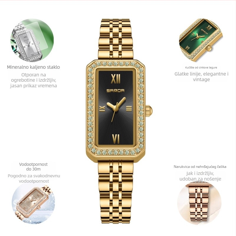 Ženski dugi kvadratni sat 2024. Novi kvarcni sat s dijamantima, moderan, univerzalni, za vanjsku upotrebu, vodootporni, s remenom za plimu