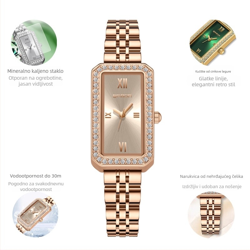 Ženski dugi kvadratni sat 2024. Novi kvarcni sat s dijamantima, moderan, univerzalni, za vanjsku upotrebu, vodootporni, s remenom za plimu