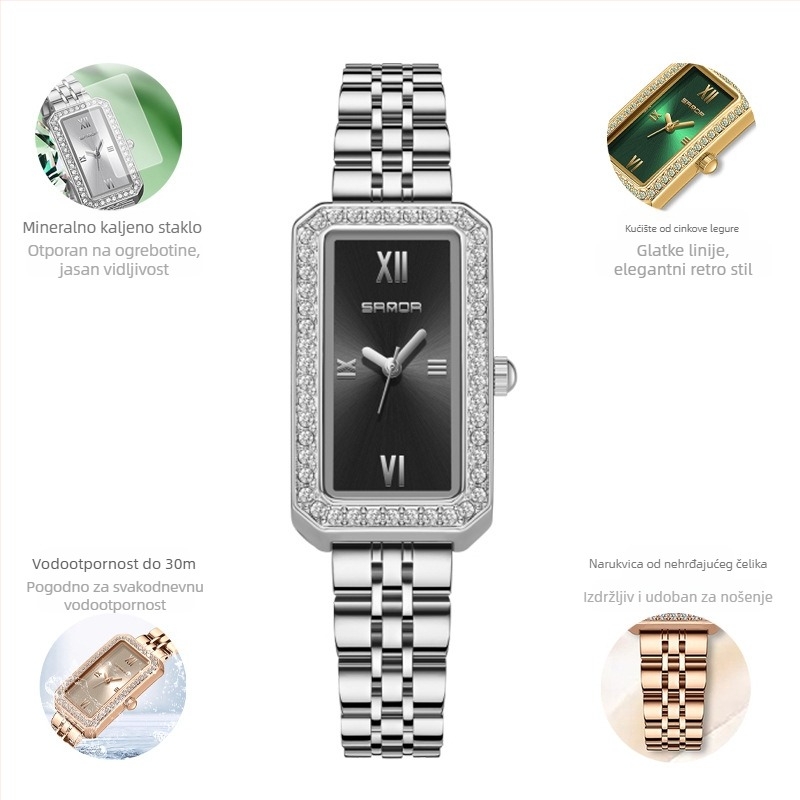Ženski dugi kvadratni sat 2024. Novi kvarcni sat s dijamantima, moderan, univerzalni, za vanjsku upotrebu, vodootporni, s remenom za plimu