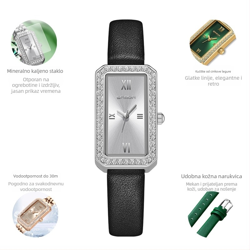 Ženski dugi kvadratni sat 2024. Novi kvarcni sat s dijamantima, moderan, univerzalni, za vanjsku upotrebu, vodootporni, s remenom za plimu