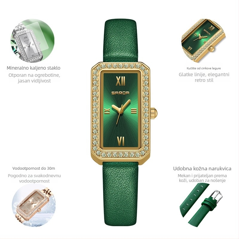 Ženski dugi kvadratni sat 2024. Novi kvarcni sat s dijamantima, moderan, univerzalni, za vanjsku upotrebu, vodootporni, s remenom za plimu