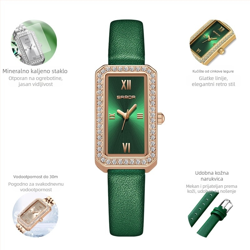 Ženski dugi kvadratni sat 2024. Novi kvarcni sat s dijamantima, moderan, univerzalni, za vanjsku upotrebu, vodootporni, s remenom za plimu