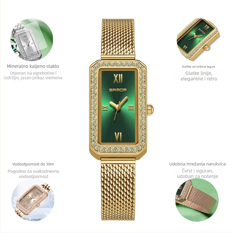 Ženski dugi kvadratni sat 2024. Novi kvarcni sat s dijamantima, moderan, univerzalni, za vanjsku upotrebu, vodootporni, s remenom za plimu