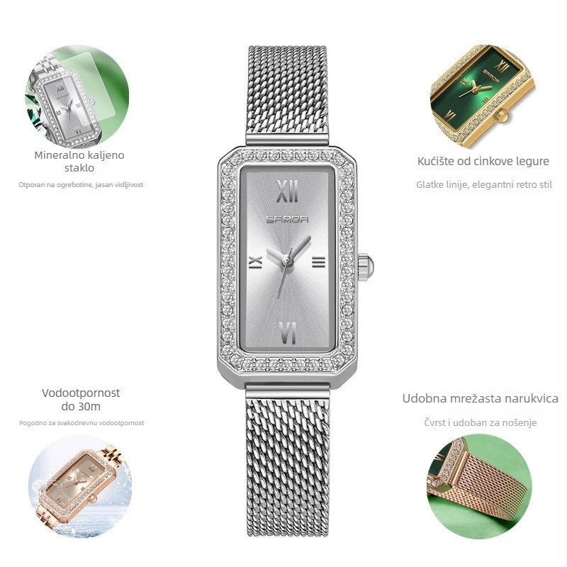 Ženski dugi kvadratni sat 2024. Novi kvarcni sat s dijamantima, moderan, univerzalni, za vanjsku upotrebu, vodootporni, s remenom za plimu